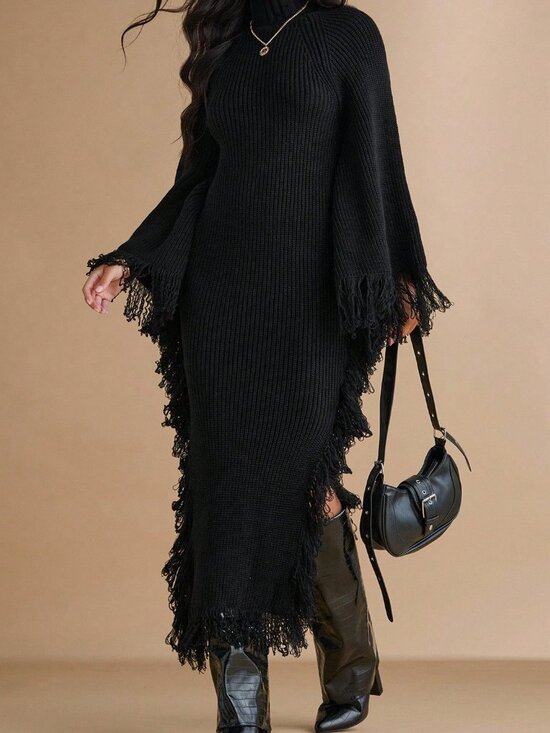 MODA ME COUTURE Dresses & Skirts - Black Casual Women's Turtleneck Fringe Cuff Fitted Knit Dress